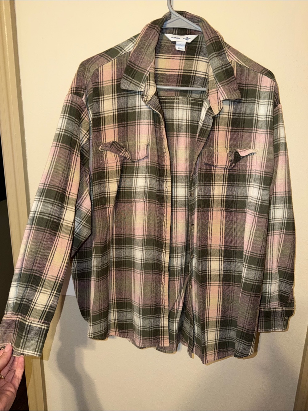 Old Navy Plaid Boyfriend Shirt in Olive Green & Blush Pink